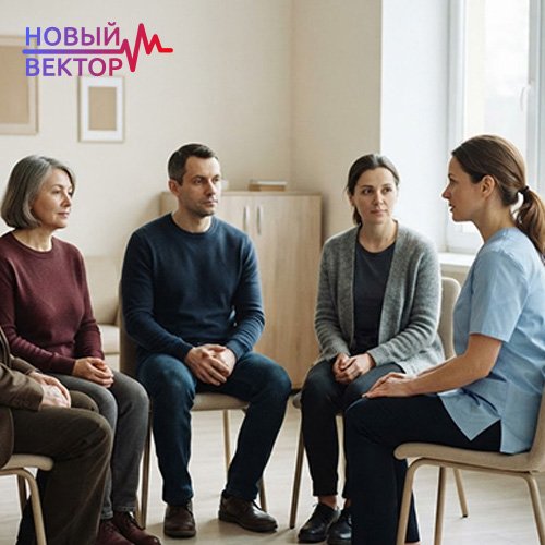 Специалист проводит групповую встречу с людьми, проходящими лечение наркомании, в спокойной и поддерживающей обстановке